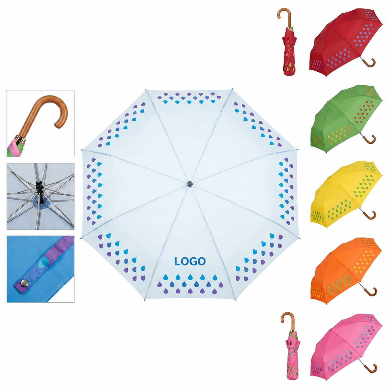 Foldable Raindrop Pattern Travel Umbrella with Classic Wooden J-Handle