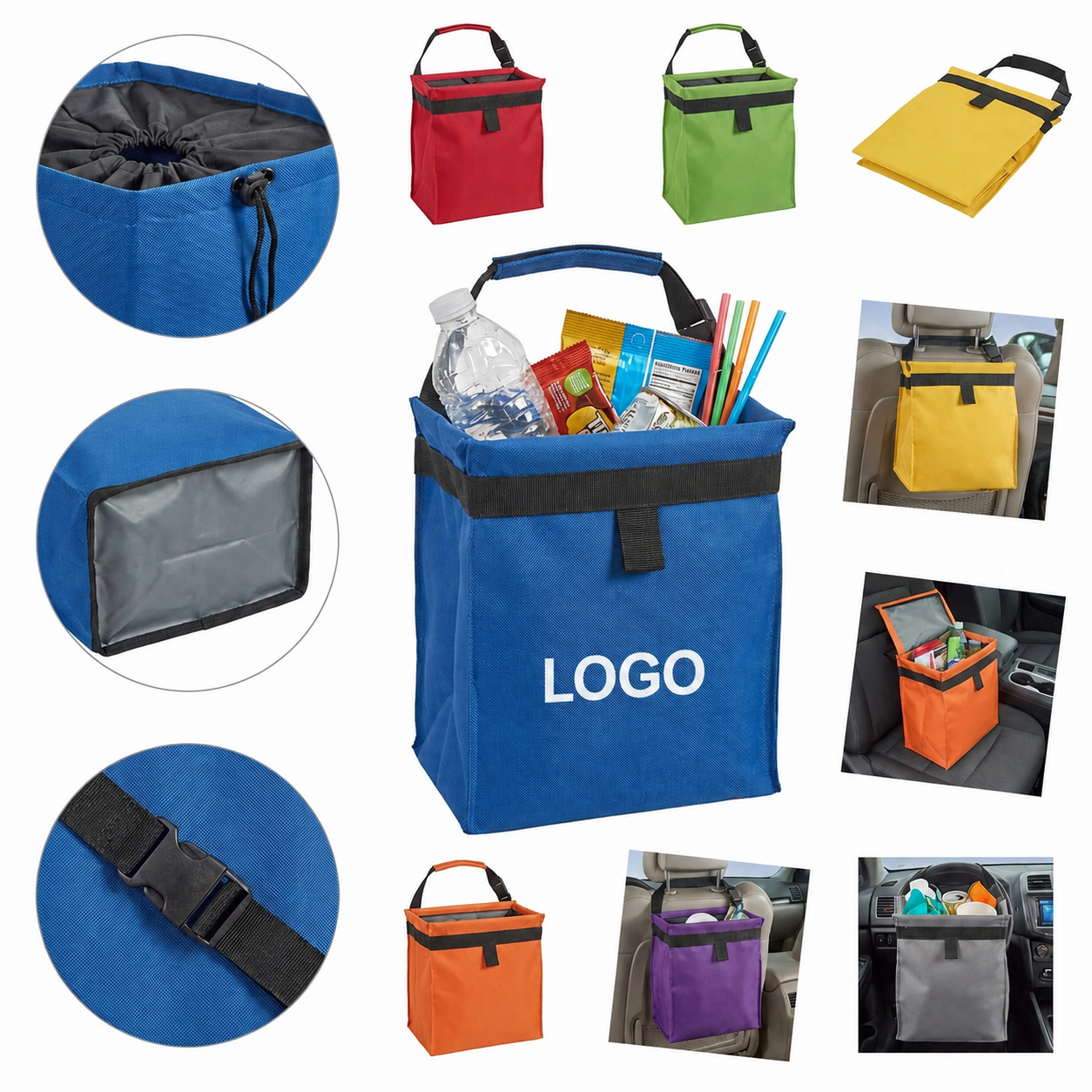 Adjustable Hanging Automotive Litter Bag and Seatback Organizer