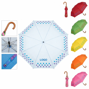 Foldable Raindrop Pattern Travel Umbrella with Classic Wooden J-Handle